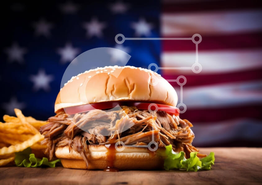 Intra Συλλεκτικό Ξύλινο Παζλ Plywood  4mm - Σάντουιτς τραβηγμένο χοιρινό με πατάτες και αμερικανική σημαία Σε Ξύλινο Κουτί - Διαστάσεις: 10x10 cm – 25 κομμάτια