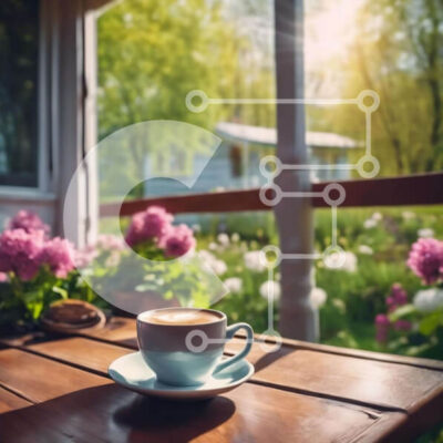 Intra Συλλεκτικό Ξύλινο Παζλ Plywood  4mm - Φλιτζάνι καφέ σε εξωτερικό ξύλινο τραπέζι με λουλούδια στο φόντο Σε Ξύλινο Κουτί - Διαστάσεις: 10x10 cm – 25 κομμάτια - Image 1