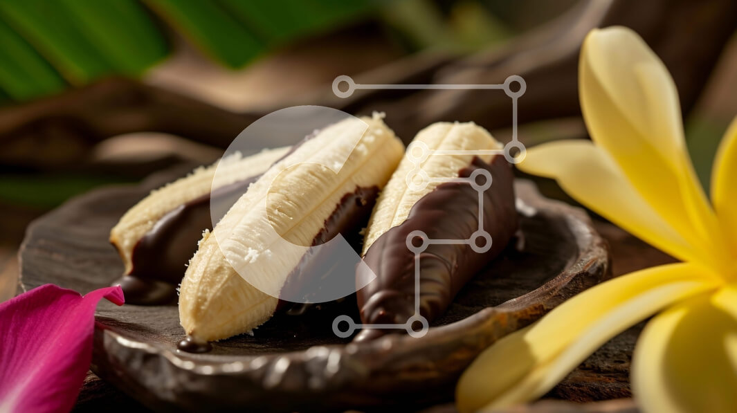 Intra Συλλεκτικό Ξύλινο Παζλ Plywood  4mm - Μπανάνες με επικάλυψη σοκολάτας σε ξύλινο πιάτο με τροπικά λουλούδια Σε Ξύλινο Κουτί - Διαστάσεις: 10x10 cm – 25 κομμάτια