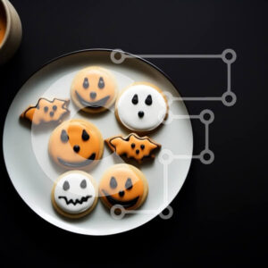 Intra Συλλεκτικό Ξύλινο Παζλ Plywood  4mm - Jack-o'-lantern και μπισκότα νυχτερίδας σε ένα λευκό πιάτο Σε Ξύλινο Κουτί - Διαστάσεις: 10x10 cm – 25 κομμάτια