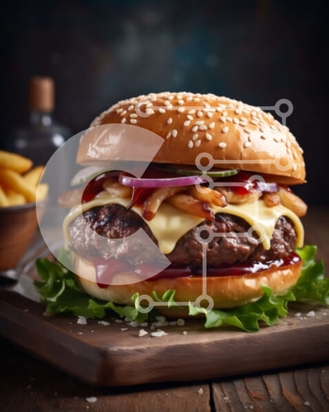 Intra Συλλεκτικό Ξύλινο Παζλ Plywood  4mm - Λαχταριστή εικόνα ενός χάμπουργκερ με τυρί και πατάτες Σε Ξύλινο Κουτί - Διαστάσεις: 10x10 cm – 25 κομμάτια