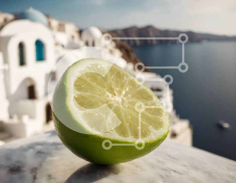 Intra Συλλεκτικό Ξύλινο Παζλ Plywood  4mm - Φέτα Lime σε μαρμάρινη επιφάνεια με θέα στο νερό Σε Ξύλινο Κουτί - Διαστάσεις: 10x10 cm – 25 κομμάτια