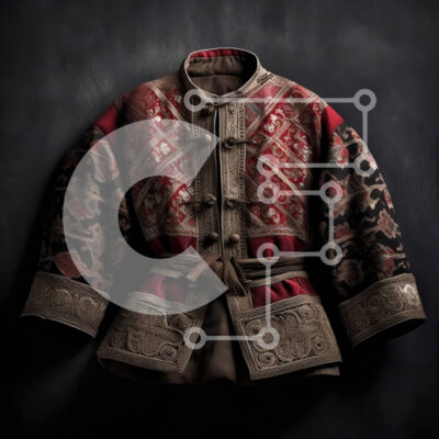 Intra Συλλεκτικό Ξύλινο Παζλ Plywood  4mm - Εκπληκτικό κόκκινο και χρυσοκέντητο μπουφάν με λουλουδάτα και γεωμετρικά σχέδια Σε Ξύλινο Κουτί - Διαστάσεις: 10x10 cm – 25 κομμάτια - Image 1