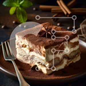 Intra Συλλεκτικό Ξύλινο Παζλ Plywood  4mm - Νόστιμη φέτα τιραμισού σε ένα πιάτο με κόκκους καφέ στο φόντο Σε Ξύλινο Κουτί - Διαστάσεις: 10x10 cm – 25 κομμάτια