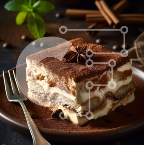 Intra Συλλεκτικό Ξύλινο Παζλ Plywood  4mm - Νόστιμη φέτα τιραμισού σε ένα πιάτο με κόκκους καφέ στο φόντο Σε Ξύλινο Κουτί - Διαστάσεις: 10x10 cm – 25 κομμάτια - Image 1