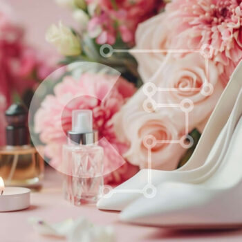 Intra Συλλεκτικό Ξύλινο Παζλ Plywood  4mm - Λευκά ψηλοτάκουνα παπούτσια και μπουκάλια αρωμάτων σε ροζ φόντο Σε Ξύλινο Κουτί - Διαστάσεις: 10x10 cm – 25 κομμάτια - Image 1