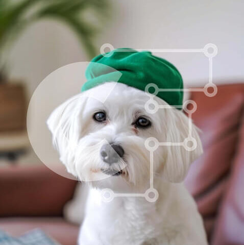 Intra Συλλεκτικό Ξύλινο Παζλ Plywood  4mm - Αξιολάτρευτο λευκό σκυλί με πράσινο καπέλο μπερέ Σε Ξύλινο Κουτί - Διαστάσεις: 10x10 cm – 25 κομμάτια - Image 1