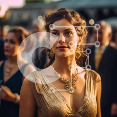 Intra Συλλεκτικό Ξύλινο Παζλ Plywood 4mm - Κομψή γυναίκα με χρυσό φόρεμα με ασορτί κοσμήματα σε πλήθος σε υπαίθρια εκδήλωση Σε Ξύλινο Κουτί - Διαστάσεις: 10x10 cm – 25 κομμάτια - Image 1