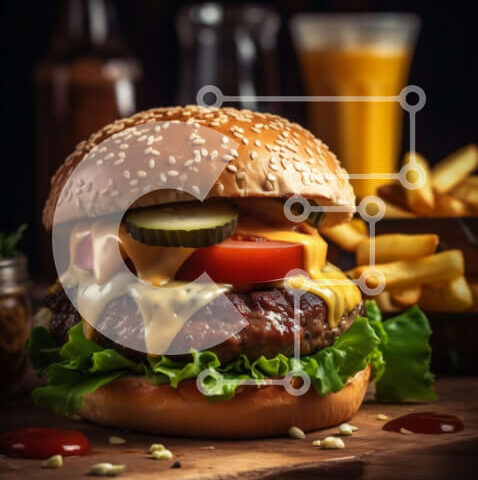 Intra Συλλεκτικό Ξύλινο Παζλ Plywood  4mm - Νόστιμο Cheeseburger με μαρούλι, ντομάτα και τηγανιτές πατάτες σε ξύλινο τραπέζι Σε Ξύλινο Κουτί - Διαστάσεις: 10x10 cm – 25 κομμάτια - Image 1