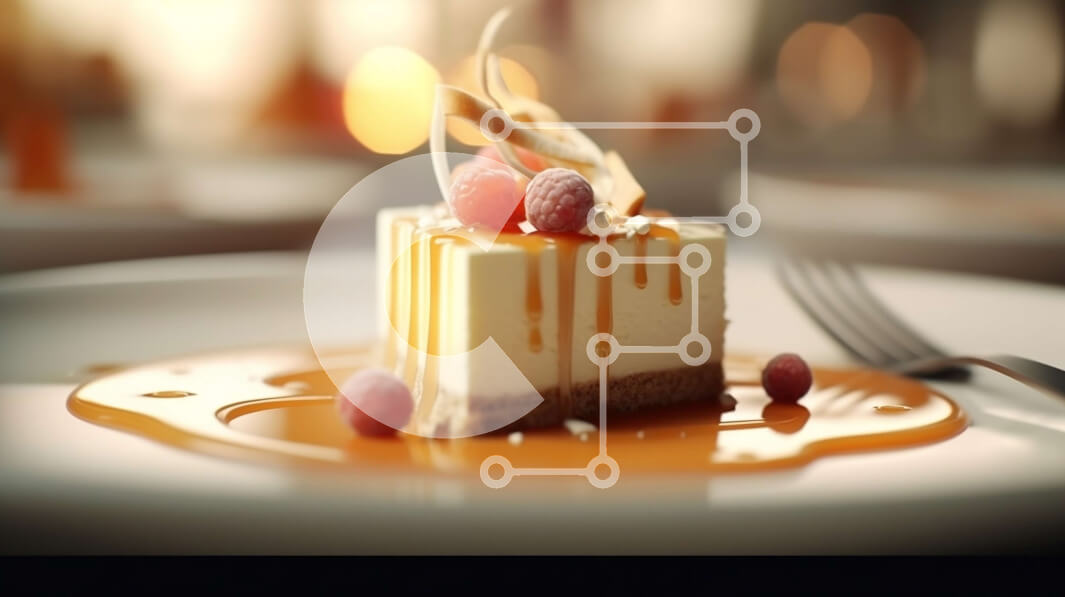 Intra Συλλεκτικό Ξύλινο Παζλ Plywood  4mm - Κοντινό πλάνο του cheesecake με τη σάλτσα καραμέλας στο λευκό πιάτο Σε Ξύλινο Κουτί - Διαστάσεις: 10x10 cm – 25 κομμάτια