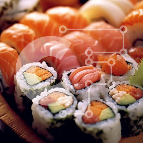 Intra Συλλεκτικό Ξύλινο Παζλ Plywood 4mm - Νόστιμα ρολά σούσι με σολομό, αβοκάντο και αγγούρι Σε Ξύλινο Κουτί - Διαστάσεις: 10x10 cm – 25 κομμάτια - Image 1