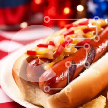 Intra Συλλεκτικό Ξύλινο Παζλ Plywood  4mm - Χοτ ντογκ αμερικανικού τύπου με τσιπς σε πιάτο αμερικανικής σημαίας Σε Ξύλινο Κουτί - Διαστάσεις: 10x10 cm – 25 κομμάτια - Image 1