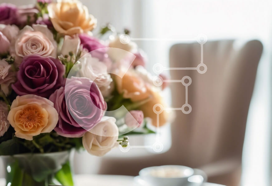 Intra Συλλεκτικό Ξύλινο Παζλ Plywood  4mm - Πολύχρωμα τριαντάφυλλα σε βάζο με φλιτζάνια καφέ στο τραπέζι Σε Ξύλινο Κουτί - Διαστάσεις: 10x10 cm – 25 κομμάτια