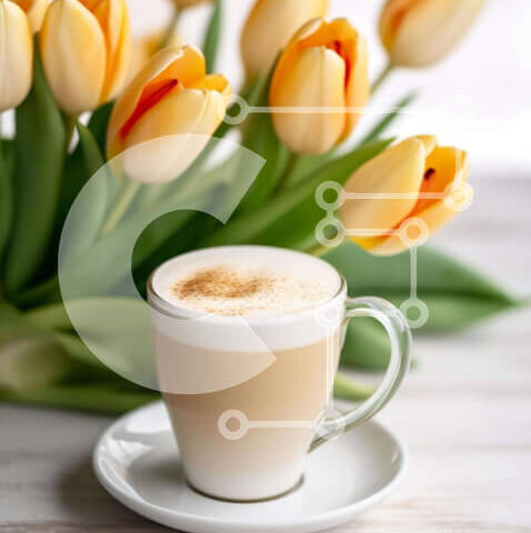 Intra Συλλεκτικό Ξύλινο Παζλ Plywood  4mm - Καφές με σαντιγί και κίτρινες τουλίπες Σε Ξύλινο Κουτί - Διαστάσεις: 10x10 cm – 25 κομμάτια - Image 1