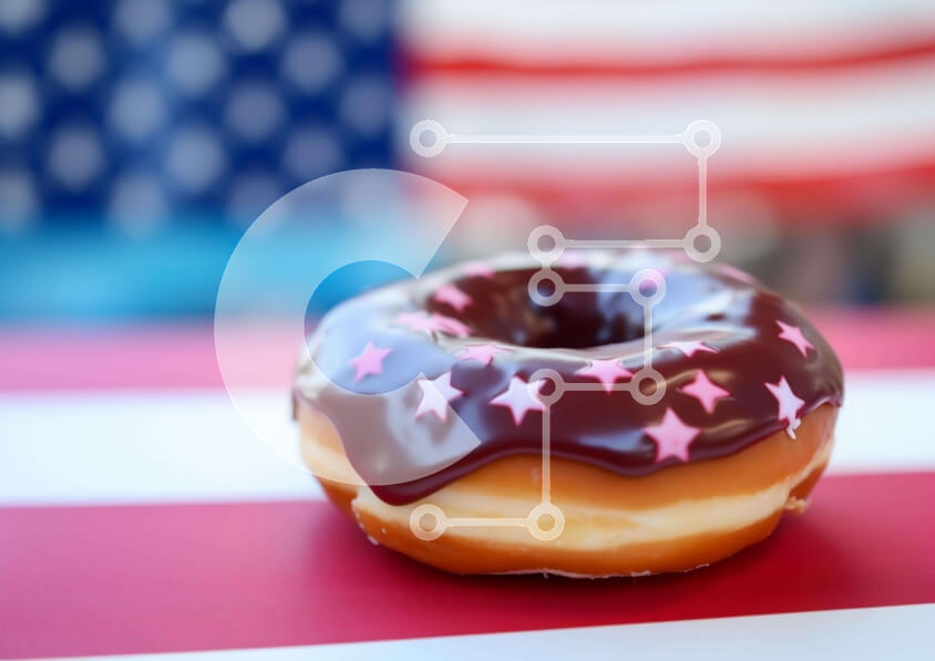 Intra Συλλεκτικό Ξύλινο Παζλ Plywood  4mm - Σοκολατένιο ντόνατ σε φόντο αμερικανικής σημαίας με αστέρια Σε Ξύλινο Κουτί - Διαστάσεις: 10x10 cm – 25 κομμάτια