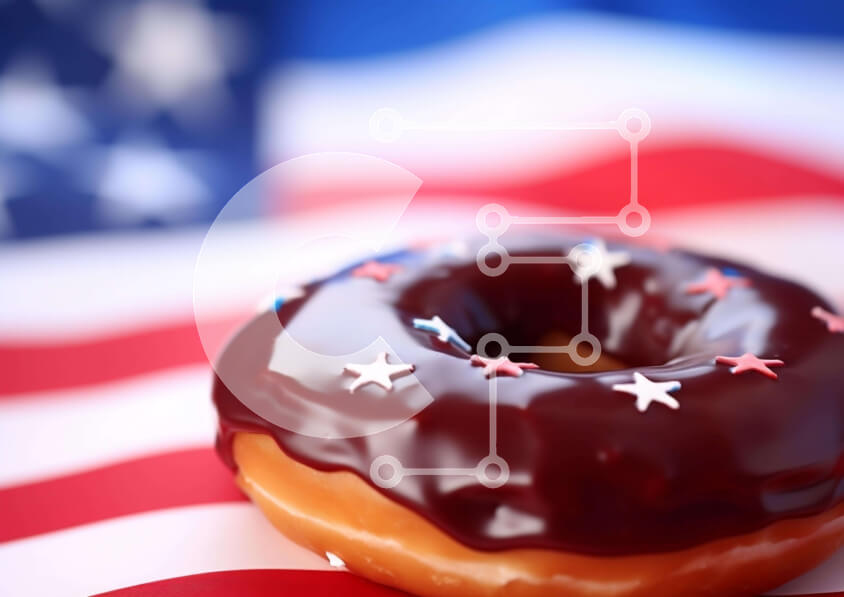 Intra Συλλεκτικό Ξύλινο Παζλ Plywood  4mm - Σοκολατένιο ντόνατ σε φόντο αμερικανικής σημαίας Σε Ξύλινο Κουτί - Διαστάσεις: 10x10 cm – 25 κομμάτια