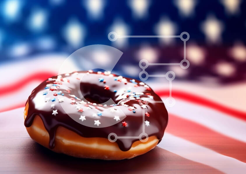 Intra Συλλεκτικό Ξύλινο Παζλ Plywood  4mm - Σοκολάτα παγωμένο ντόνατ σε φόντο αμερικανικής σημαίας Σε Ξύλινο Κουτί - Διαστάσεις: 10x10 cm – 25 κομμάτια