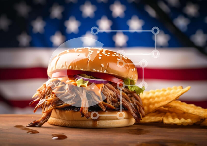 Intra Συλλεκτικό Ξύλινο Παζλ Plywood  4mm - Σάντουιτς τραβηγμένο χοιρινό με πατάτες και αμερικανική σημαία Σε Ξύλινο Κουτί - Διαστάσεις: 10x10 cm – 25 κομμάτια