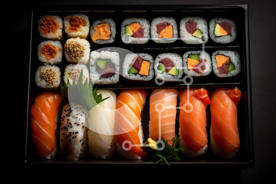 Intra Συλλεκτικό Ξύλινο Παζλ Plywood  4mm - Μια λαχταριστή πιατέλα σούσι με σάλτσα σόγιας, Wasabi και τουρσί τζίντζερ Σε Ξύλινο Κουτί - Διαστάσεις: 10x10 cm – 25 κομμάτια