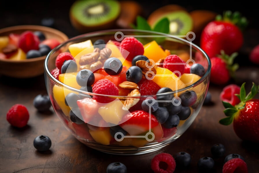 Intra Συλλεκτικό Ξύλινο Παζλ Plywood  4mm - Νόστιμη ανάμεικτη φρουτοσαλάτα σε ξύλινο τραπέζι Σε Ξύλινο Κουτί - Διαστάσεις: 10x10 cm – 25 κομμάτια