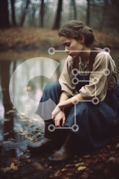 Intra Συλλεκτικό Ξύλινο Παζλ Plywood  4mm - Λυπημένη νεαρή γυναίκα που κάθεται δίπλα στο ποτάμι σε ένα δάσος Σε Ξύλινο Κουτί - Διαστάσεις: 10x10 cm – 25 κομμάτια