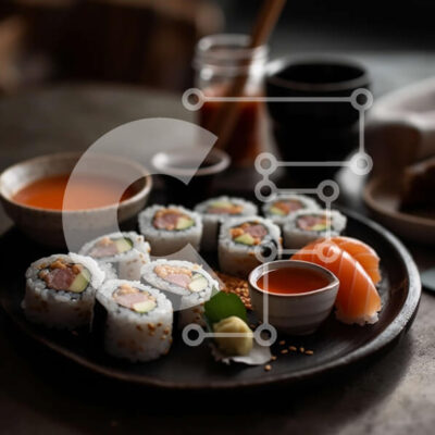 Intra Συλλεκτικό Ξύλινο Παζλ Plywood 4mm - Ρολά σούσι με σολομό, αβοκάντο και τυρί κρέμα σε μαύρο πιάτο με σάλτσα σόγιας Σε Ξύλινο Κουτί - Διαστάσεις: 10x10 cm – 25 κομμάτια - Image 1