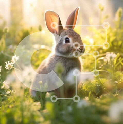 Intra Συλλεκτικό Ξύλινο Παζλ Plywood 4mm - Αξιολάτρευτη εικόνα ενός κουνελιού που κάθεται σε ένα χωράφι με λουλούδια Σε Ξύλινο Κουτί - Διαστάσεις: 10x10 cm – 25 κομμάτια - Image 1