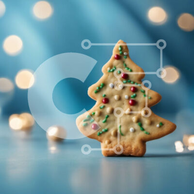 Intra Συλλεκτικό Ξύλινο Παζλ Plywood  4mm - Διακοσμημένο μπισκότο χριστουγεννιάτικου δέντρου σε αφηρημένο μπλε φόντο bokeh Σε Ξύλινο Κουτί - Διαστάσεις: 10x10 cm – 25 κομμάτια - Image 1