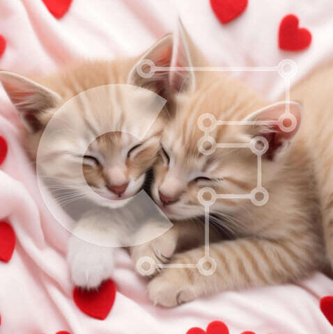 Intra Συλλεκτικό Ξύλινο Παζλ Plywood  4mm - Δύο πορτοκαλί γατάκια που κοιμούνται σε μια ροζ κουβέρτα με κόκκινες καρδιές Σε Ξύλινο Κουτί - Διαστάσεις: 10x10 cm – 25 κομμάτια - Image 1