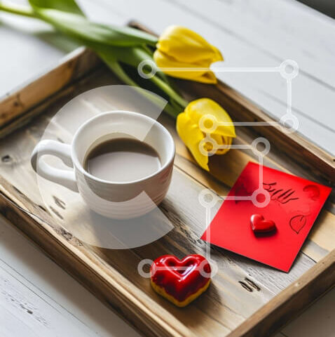 Intra Συλλεκτικό Ξύλινο Παζλ Plywood  4mm - Καφές, ντόνατς σε σχήμα καρδιάς και κόκκινες τουλίπες στο δίσκο Σε Ξύλινο Κουτί - Διαστάσεις: 10x10 cm – 25 κομμάτια - Image 1