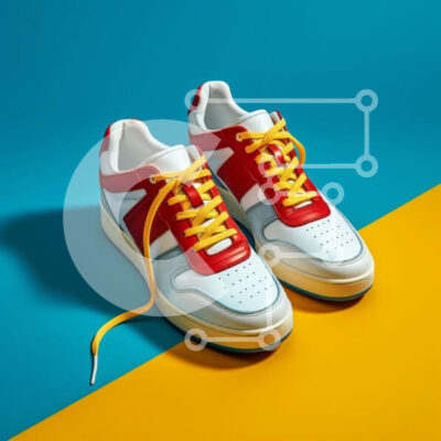 Intra Συλλεκτικό Ξύλινο Παζλ Plywood 4mm - Κομψά κόκκινα και λευκά αθλητικά παπούτσια με κίτρινα κορδόνια σε πολύχρωμο φόντο Σε Ξύλινο Κουτί - Διαστάσεις: 10x10 cm – 25 κομμάτια - Image 1