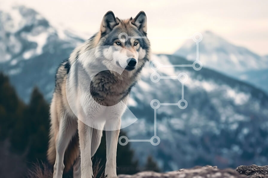 Intra Συλλεκτικό Ξύλινο Παζλ Plywood  4mm - Ασπρόμαυρη εικόνα ενός γκρίζου λύκου σε έναν βραχώδη βράχο με θέα σε μια χιονισμένη οροσειρά Σε Ξύλινο Κουτί - Διαστάσεις: 10x10 cm – 25 κομμάτια