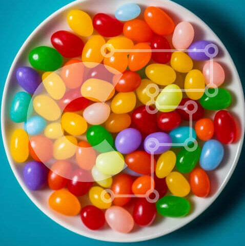 Intra Συλλεκτικό Ξύλινο Παζλ Plywood  4mm - Πολύχρωμα ζελέ φασόλια σε λευκό μπολ σε πορτοκαλί φόντο Σε Ξύλινο Κουτί - Διαστάσεις: 10x10 cm – 25 κομμάτια - Image 1