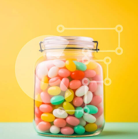 Intra Συλλεκτικό Ξύλινο Παζλ Plywood  4mm - Πολύχρωμα φασόλια ζελέ σε γυάλινο βάζο σε κίτρινο φόντο Σε Ξύλινο Κουτί - Διαστάσεις: 10x10 cm – 25 κομμάτια - Image 1