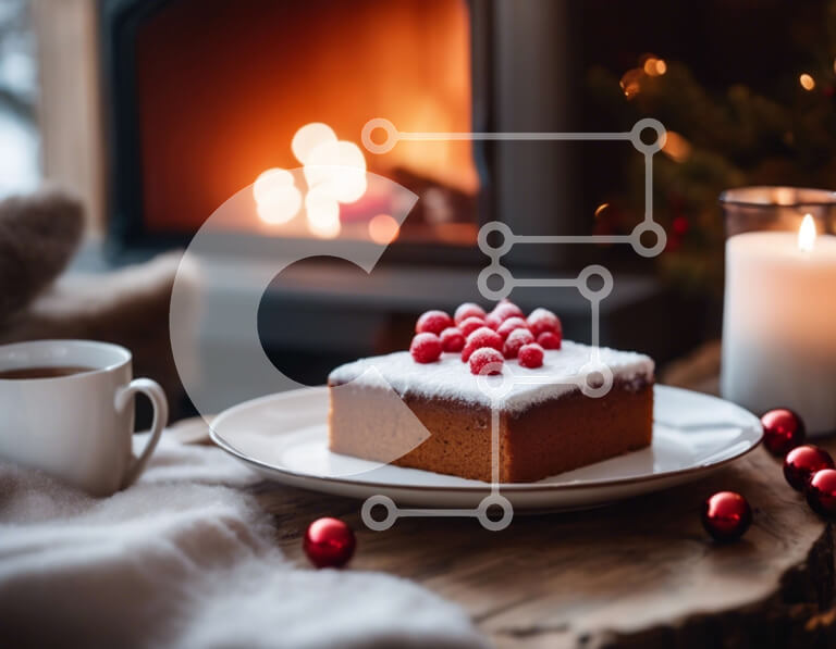 Intra Συλλεκτικό Ξύλινο Παζλ Plywood  4mm - Λευκό κέικ με κόκκινα μούρα και καφέ κοντά σε τζάκι Σε Ξύλινο Κουτί - Διαστάσεις: 10x10 cm – 25 κομμάτια