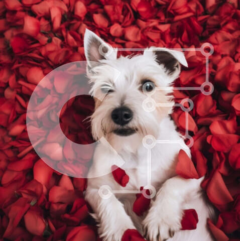 Intra Συλλεκτικό Ξύλινο Παζλ Plywood  4mm - Χαμογελαστός σκύλος στα κόκκινα ροδοπέταλα Σε Ξύλινο Κουτί - Διαστάσεις: 10x10 cm – 25 κομμάτια - Image 1