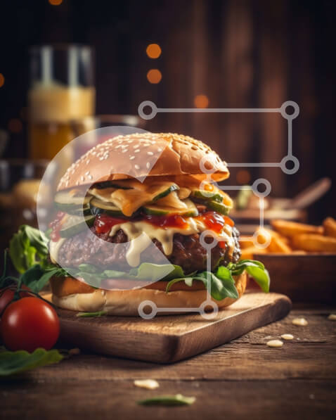 Intra Συλλεκτικό Ξύλινο Παζλ Plywood  4mm - Λαχταριστή εικόνα ενός cheeseburger με τηγανητές πατάτες Σε Ξύλινο Κουτί - Διαστάσεις: 10x10 cm – 25 κομμάτια