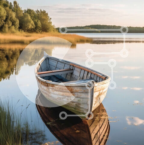 Intra Συλλεκτικό Ξύλινο Παζλ Plywood  4mm - Γαλήνια εικόνα της ξύλινης βάρκας σε μια λίμνη κατά τη διάρκεια του ηλιοβασιλέματος Σε Ξύλινο Κουτί - Διαστάσεις: 10x10 cm – 25 κομμάτια - Image 1