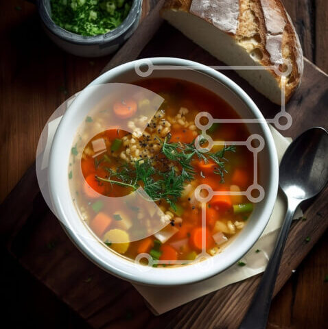 Intra Συλλεκτικό Ξύλινο Παζλ Plywood  4mm - Νόστιμη σούπα λαχανικών σε ένα ξύλινο τραπέζι με φρέσκα βότανα και ψωμί Σε Ξύλινο Κουτί - Διαστάσεις: 10x10 cm – 25 κομμάτια - Image 1