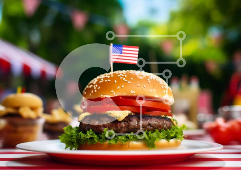 Intra Συλλεκτικό Ξύλινο Παζλ Plywood  4mm - Μπέργκερ αμερικανικής σημαίας στο τραπέζι πικνίκ Σε Ξύλινο Κουτί - Διαστάσεις: 10x10 cm – 25 κομμάτια