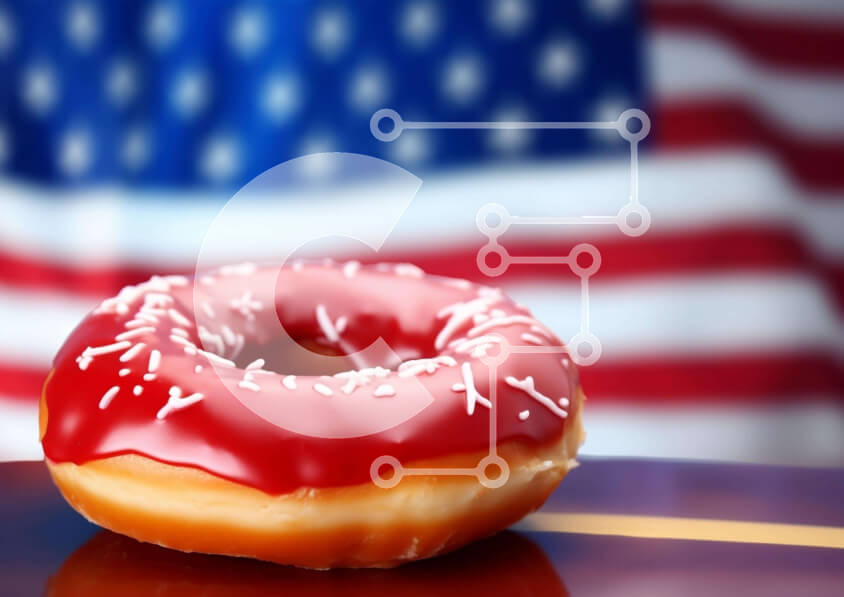 Intra Συλλεκτικό Ξύλινο Παζλ Plywood  4mm - Πατριωτικό ντόνατ σε φόντο αμερικανικής σημαίας Σε Ξύλινο Κουτί - Διαστάσεις: 10x10 cm – 25 κομμάτια