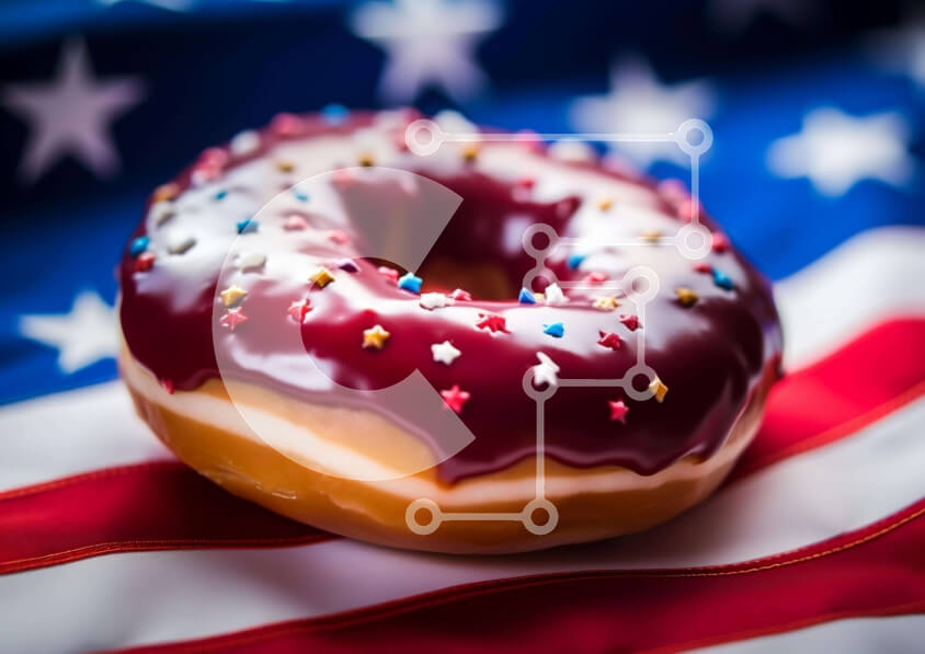 Intra Συλλεκτικό Ξύλινο Παζλ Plywood  4mm - Πατριωτικό ντόνατ με κόκκινο, λευκό και μπλε πασπαλίζει σε φόντο αμερικανικής σημαίας Σε Ξύλινο Κουτί - Διαστάσεις: 10x10 cm – 25 κομμάτια