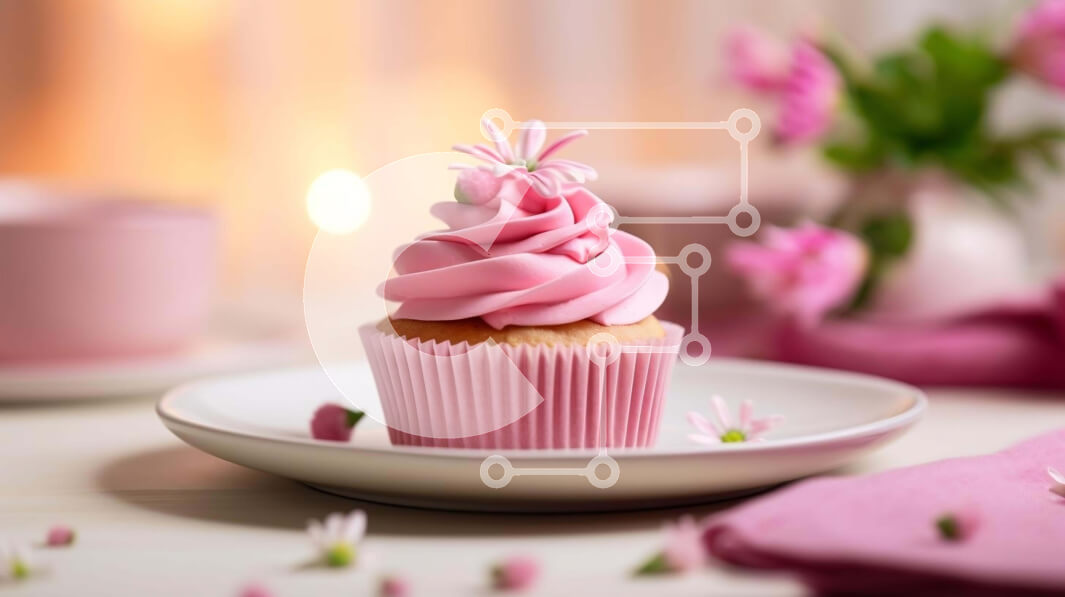 Intra Συλλεκτικό Ξύλινο Παζλ Plywood  4mm - Cupcake με ροζ γλάσο και λουλούδια στο πιάτο Σε Ξύλινο Κουτί - Διαστάσεις: 10x10 cm – 25 κομμάτια - Image 1