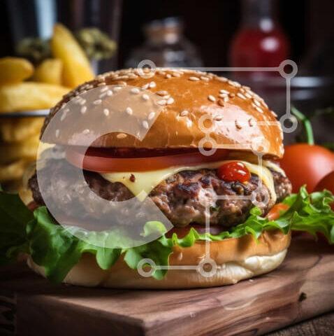 Intra Συλλεκτικό Ξύλινο Παζλ Plywood  4mm - Νόστιμο Cheeseburger με μαρούλι, ντομάτα και τηγανιτές πατάτες σε ξύλινο τραπέζι Σε Ξύλινο Κουτί - Διαστάσεις: 10x10 cm – 25 κομμάτια - Image 1