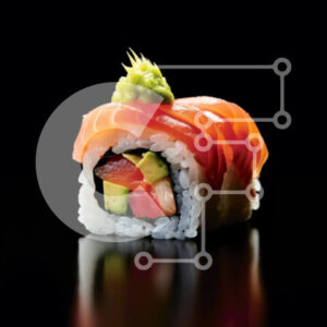 Intra Συλλεκτικό Ξύλινο Παζλ Plywood  4mm - Νόστιμη εικόνα του ρολού σούσι σολομού και αβοκάντο σε μαύρο φόντο Σε Ξύλινο Κουτί - Διαστάσεις: 10x10 cm – 25 κομμάτια