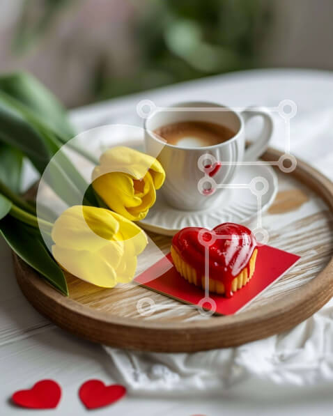 Intra Συλλεκτικό Ξύλινο Παζλ Plywood  4mm - Τούρτα σε σχήμα καρδιάς, cupcakes και κίτρινες τουλίπες για την ημέρα του Αγίου Βαλεντίνου Σε Ξύλινο Κουτί - Διαστάσεις: 10x10 cm – 25 κομμάτια