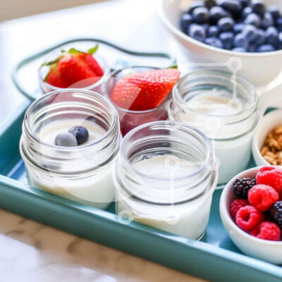 Intra Συλλεκτικό Ξύλινο Παζλ Plywood  4mm - Μπλε δίσκος με γιαούρτι, μούρα και σνακ Σε Ξύλινο Κουτί - Διαστάσεις: 10x10 cm – 25 κομμάτια - Image 1