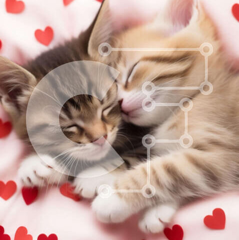 Intra Συλλεκτικό Ξύλινο Παζλ Plywood  4mm - Δύο γατάκια στριμώχνονται μαζί σε ένα κρεβάτι με κόκκινες καρδιές Σε Ξύλινο Κουτί - Διαστάσεις: 10x10 cm – 25 κομμάτια - Image 1