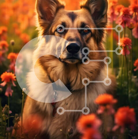 Intra Συλλεκτικό Ξύλινο Παζλ Plywood  4mm - Σοβαρός γερμανικός ποιμενικός σκύλος που κάθεται σε ένα χωράφι με πολύχρωμα λουλούδια Σε Ξύλινο Κουτί - Διαστάσεις: 10x10 cm – 25 κομμάτια - Image 1