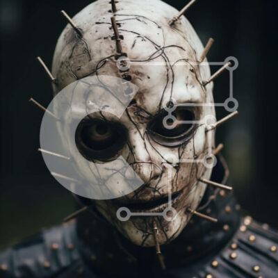 Intra Συλλεκτικό Ξύλινο Παζλ Plywood  4mm - Άτομο με μαύρο δερμάτινο μπουφάν και ακίδες, που φορά μάσκα με κέρατα Σε Ξύλινο Κουτί - Διαστάσεις: 10x10 cm – 25 κομμάτια - Image 1